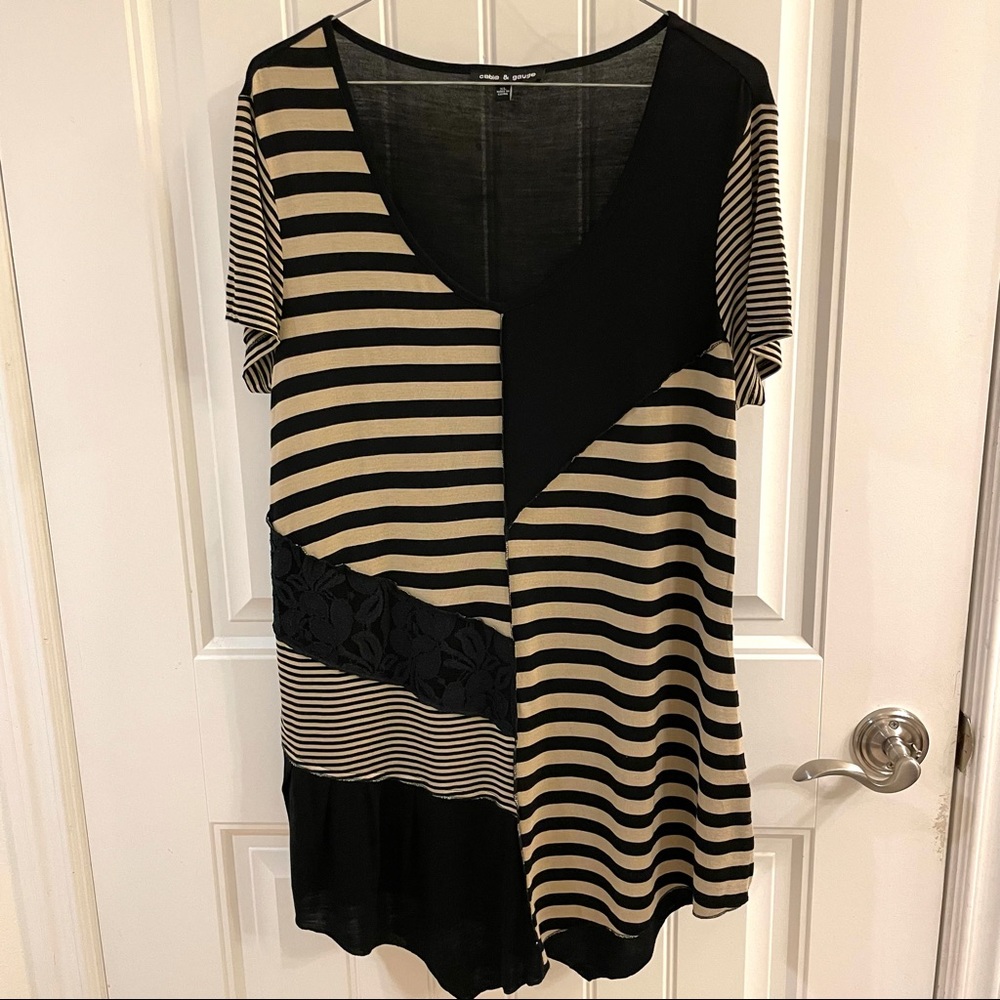 Cable & Gauge Women’s Stripped Short Sleeve Patchwork Black & Beige Tunic Top XL